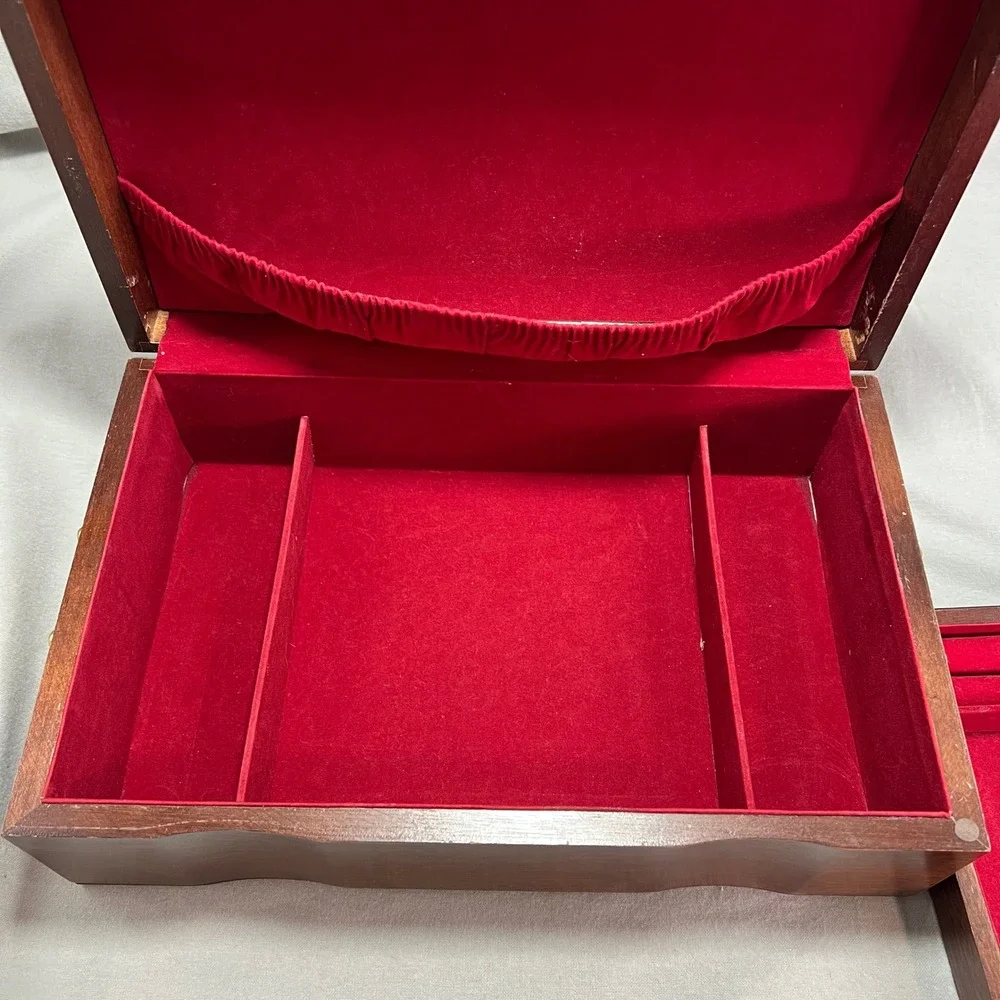 Vintage Wooden Jewelry Box Chest Red Velvet Lining Removable Tray Necklace Hooks